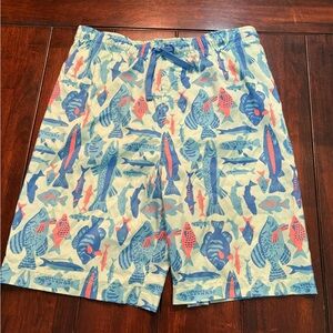 J Khaki Youth Large Fish Print Swim Trunks - Blue & Coral